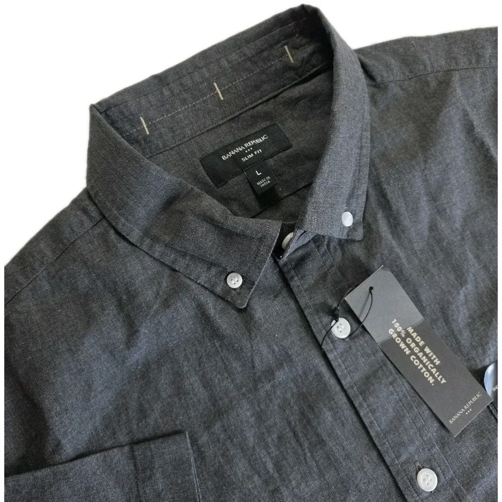 Banana Republic Shirt Mens Large L DARK GRAY SS Slim Fit Cotton Button‎ Down NWT